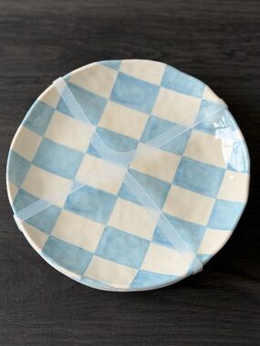 Set 4 BLUE CHECKERED Plates Shiny Finish Salad appetizer Plate Melamine Checker